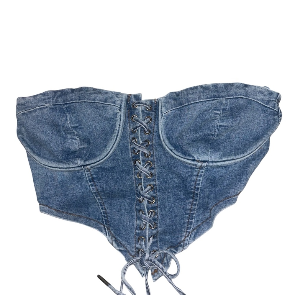 Fashion Nova Strapless Lace Up Denim Corset Top - Medium Wash - Picture 4 of 4